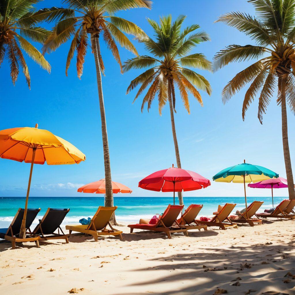 A vibrant beach scene featuring a diverse group of stylish women showcasing trendy bikinis and beachwear accessories, with colorful umbrellas and lounge chairs in the background. Bright sunlight glistens on the water, and surfboards lean against a palm tree. Include seashells and sunglasses scattered in the sand. Capture the essence of summer fun and fashion. tropical, summer vibes, vibrant colors.